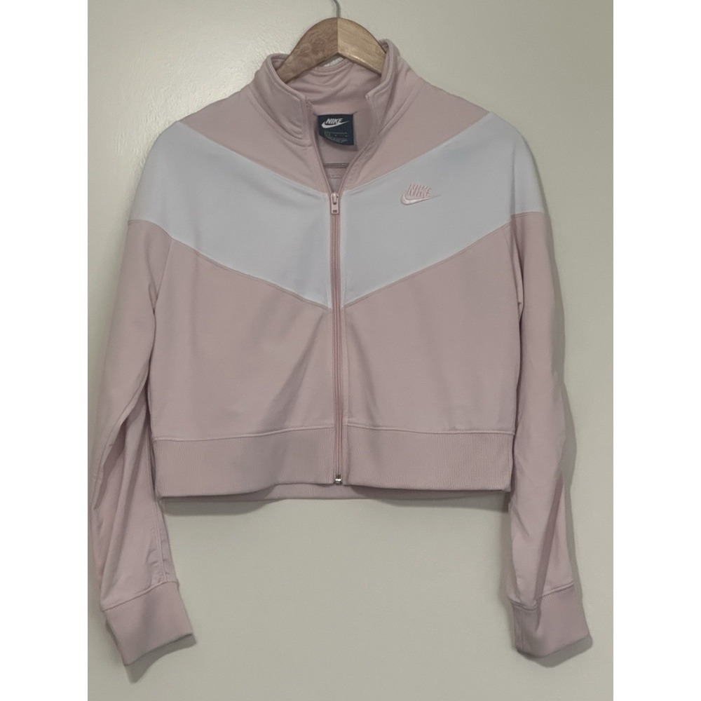 Nike Women's Heritage Chevron Cropped Track Jacket Pink/White Size Large